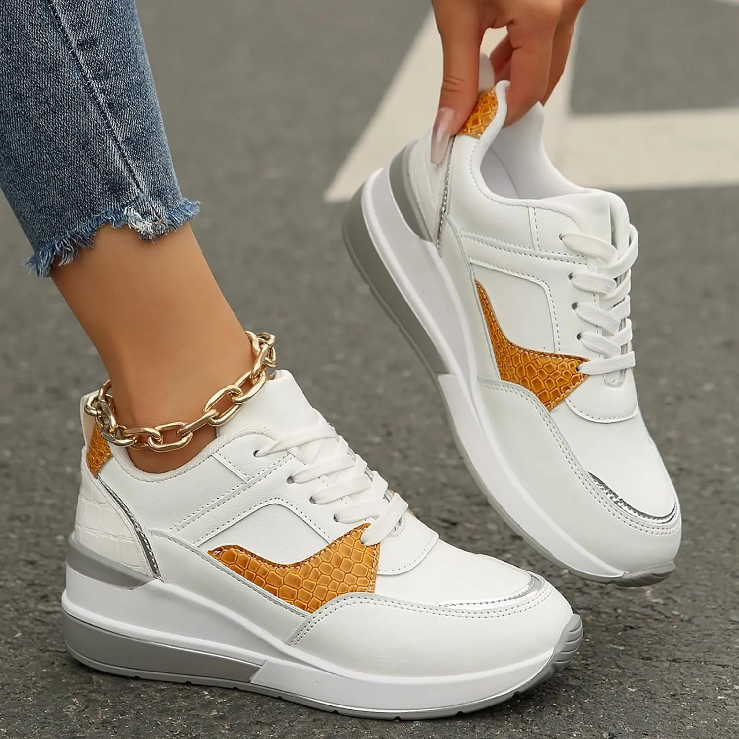 Womens Non Slip Work Shoes Thick Platform Wedge Sports Sneakers Casual Comfortable Walking Running Sneakers