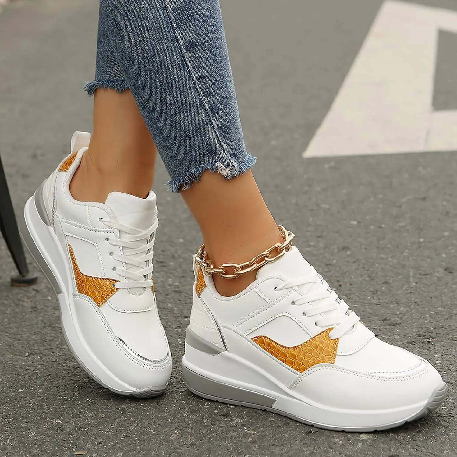Womens Non Slip Work Shoes Thick Platform Wedge Sports Sneakers Casual Comfortable Walking Running Sneakers